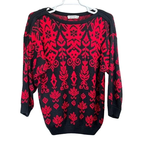 Vintage‎ ESPRIT Sport Black Red 80s Geometric Knit Sweater Medium - Picture 2 of 8